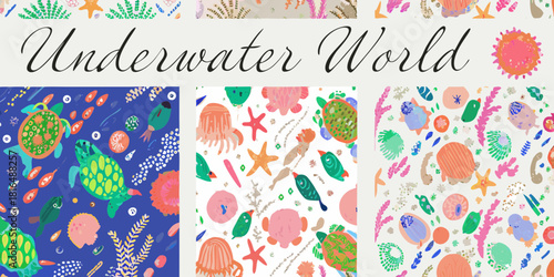 Vibrant underwater world illustration with sea creatures and plants