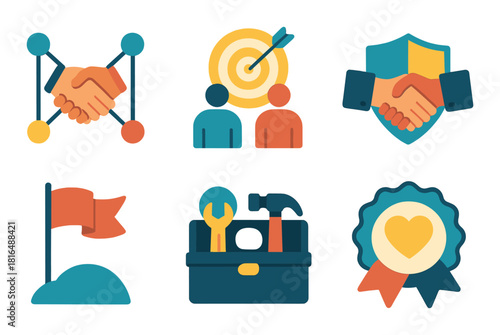 Colorful business icons featuring handshake, target, tools, medal, flags