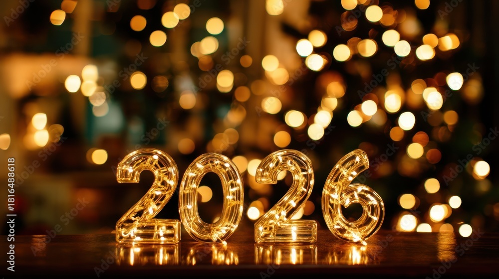 Obraz premium Golden illuminated numbers representing the year 2026 with a bokeh background of festive lights creating a warm celebration atmosphere during holidays