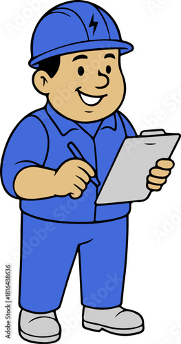 Smiling Cartoon Electrician with Clipboard and Hard Hat