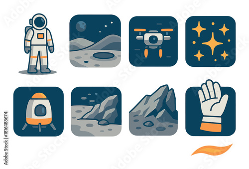 Simplified space exploration icons: astronaut, moon, drone, stars, rocket, terrain, signal