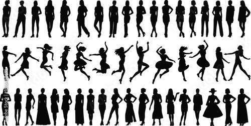 Black female silhouettes, standing, dancing, and posing in various modern and classic fashion styles for design.