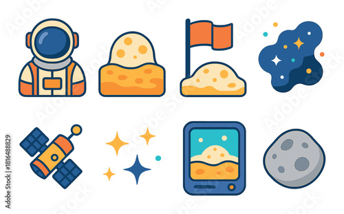 Colorful space icons: astronaut, moon, stars, satellite, planetary flag