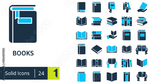 Comprehensive Collection of Modern Solid Book Icons for Education, Learning, and Literary Themes in a Sleek Vector Design
