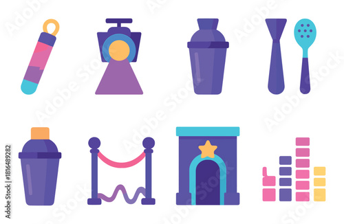 Neon icons of cocktail shaker, dance floor, and nightclub elements on dark background