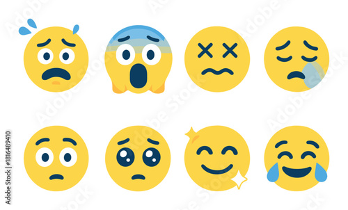 Set of eight glowing yellow emoticons displaying various facial expressions