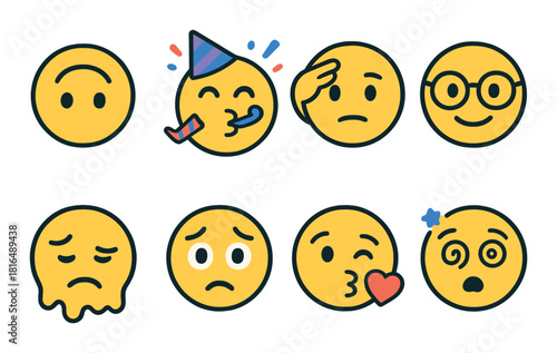 Set of diverse emoji expressions: happy, confused, sad, celebrating, and more