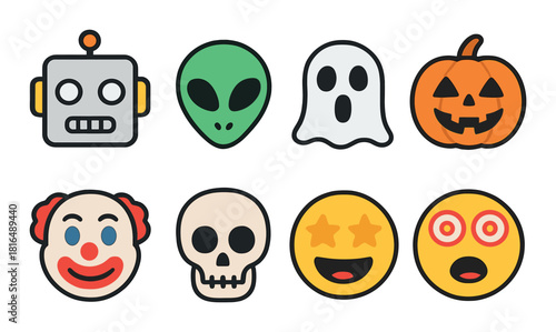 Halloween emoji collection: robot, alien, ghost, pumpkin, clown, skull, star, hypnotic faces