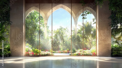 A view through large, arched windows into a vibrant, sun-drenched garden filled with lush greenery, colorful flowers, and dappled sunlight. The interior space i