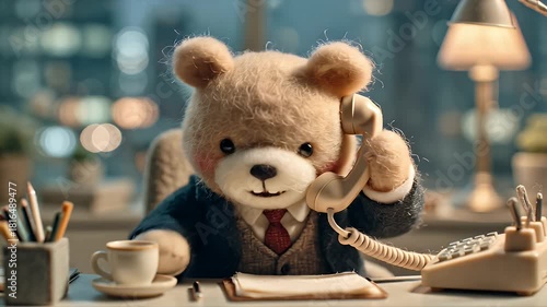 Charming Bear in a Suit is Engaged in a Friendly Phone Conversation at a Cozy Office