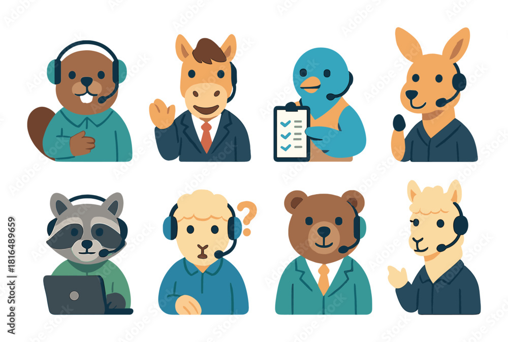 Obraz premium Cartoon animals as customer support representatives in headsets