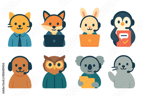 Cute animal call center team with headsets and laptops
