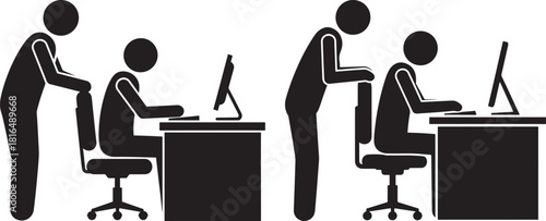 Two office workers collaborating and supervising at desks with computers silhouette