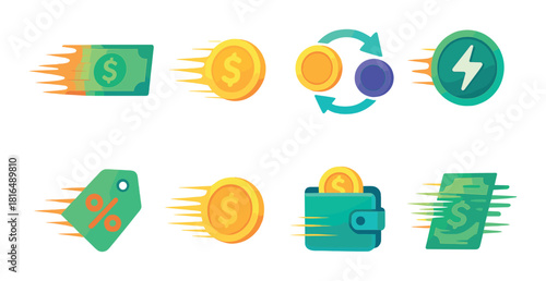 Colorful animated financial icons featuring currency, wallet, lightning, and discount symbols