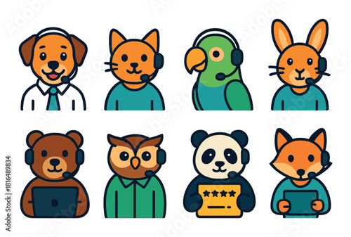 Colorful animal characters as customer service representatives with headsets