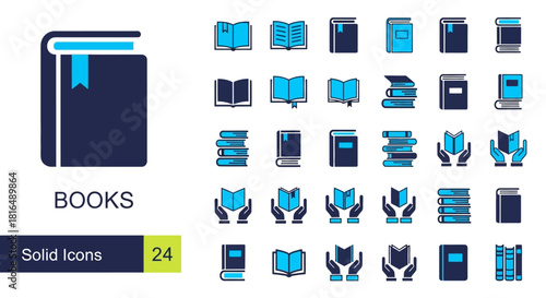 Comprehensive set of book-themed vector icons, showcasing modern solid and line styles for diverse reading, education, and library applications