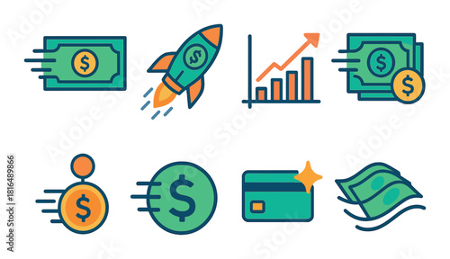 Colorful financial icons featuring rocket, money, and graph symbols on gradient background