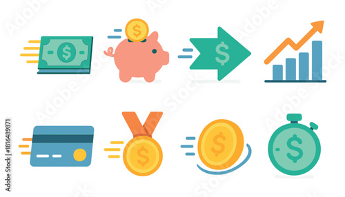 Colorful financial icons: money, savings, credit cards, investments, growth