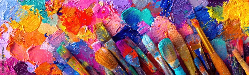 Obraz premium A vibrant image depicts close up art supplies. Paintbrushes rest on a colorful palette of artistic paint