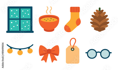 Cozy winter symbols: soup, sock, pinecone, window, lights, bow, tag, glasses