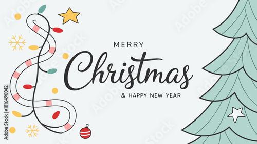 A festive Merry Christmas and Happy New Year background for Greeting cards with tree Branches Christmas tree gold paper. Merry Christmas vector text Calligraphic Lettering Vector illustration.