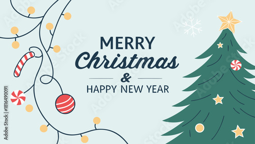 A festive Merry Christmas and Happy New Year background for Greeting cards with tree Branches Christmas tree gold paper. Merry Christmas vector text Calligraphic Lettering Vector illustration.