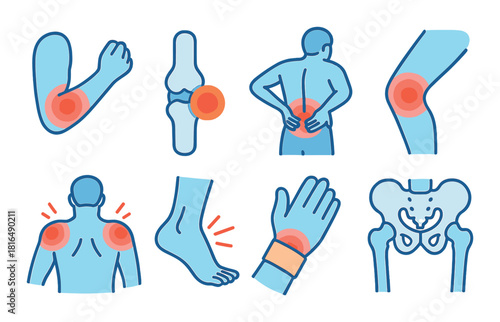 Human body joint pain icons highlighting common discomfort areas