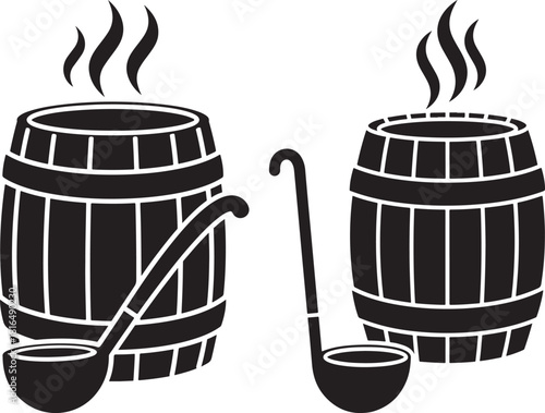 Two wooden barrels with ladles and steam silhouette