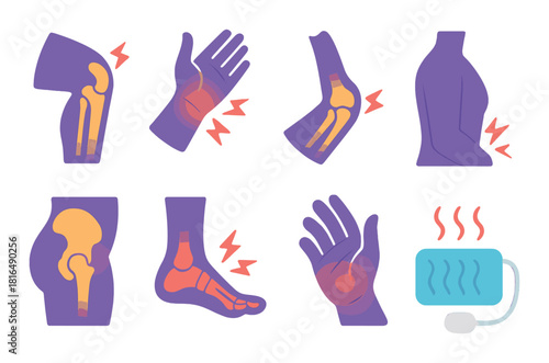 Human joint pain relief concepts: arm, hand, leg, foot with heat therapy