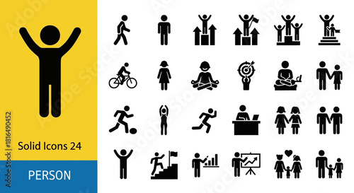 Modern vector icon set showcasing diverse human activities, business interactions, sports, and lifestyle concepts with minimalist design for broad graphic applications