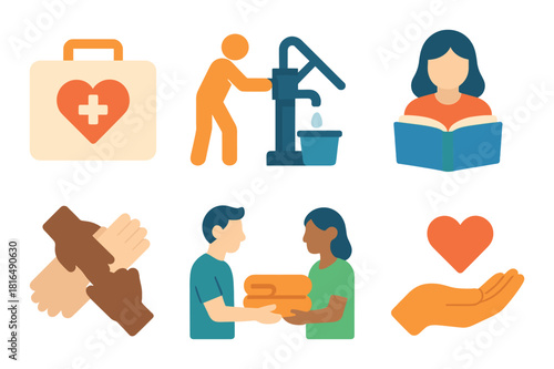 Humanitarian aid icons illustrating healthcare, water access, education, unity, support, compassion