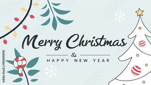 A festive Merry Christmas and Happy New Year background for Greeting cards with tree Branches Christmas tree gold paper. Merry Christmas vector text Calligraphic Lettering Vector illustration.