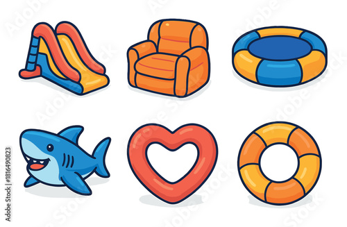 Colorful cartoon pool toys: slide, armchair, inflatable pool, shark, heart, lifebuoy