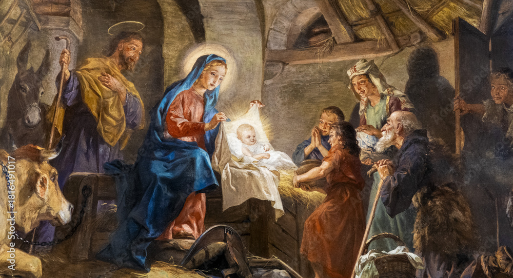 Fototapeta premium Fresco of Christmas Nativity Scene with Virgin Mary, Saint Joseph, and Jesus baby.