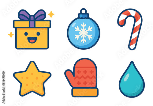 Holiday icons: gift box, ornament, candy cane, star, mitten, teardrop