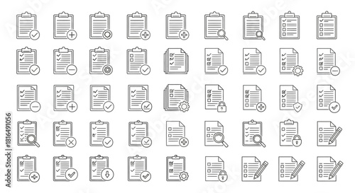 Document Management Icons Checklist, Add, Search, and Edit Symbols for Digital Documentation