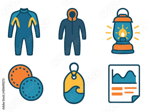 Collection of outdoor adventure gear icons on dark background