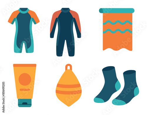 Colorful neon surf gear display with wetsuits, towel, tube, buoy, and socks