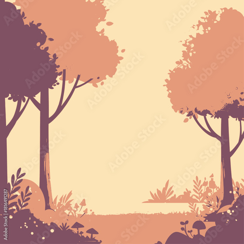 Stylized illustration of a serene forest clearing with warm colors and silhouetted trees and lush undergrowth.