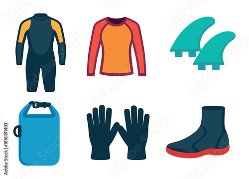 Brightly colored surfing gear flat lay with wetsuit, rash guard, fins, dry bag, gloves, and boots