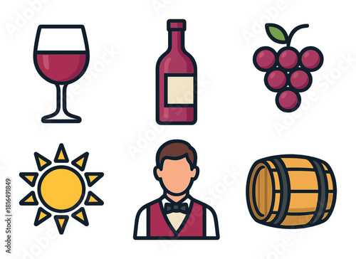 Wine and vineyard icons featuring sun, glass, bottle, grapes, barrel, and sommelier