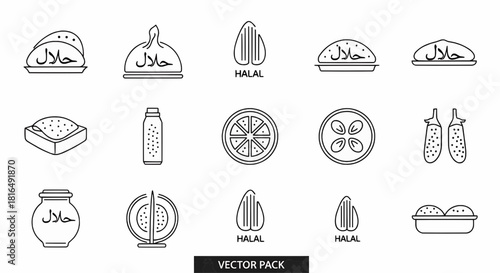 Collection of Halal Food and Products Icons in Vector Format for Design and Communication