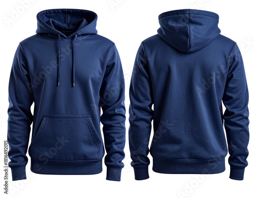  Navy Blue Hoodie Front and Back View Side-by-Side, Clean Studio Layout, Isolated on Transparent Background