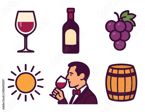 Wine tasting elements: glass, bottle, grapes, sun, barrel, taster illustration