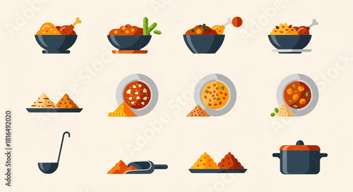 Delicious Food Icon Set Indian Cuisine Illustrations for Design