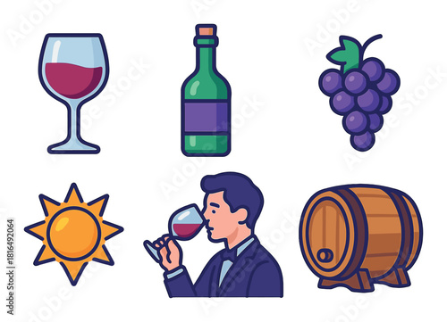 Wine tasting elements: bottle, glass, grapes, barrel, sun, male sommelier