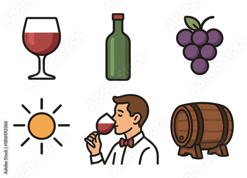 Wine tasting icons: glass, bottle, grapes, tasting, barrel, sun, male