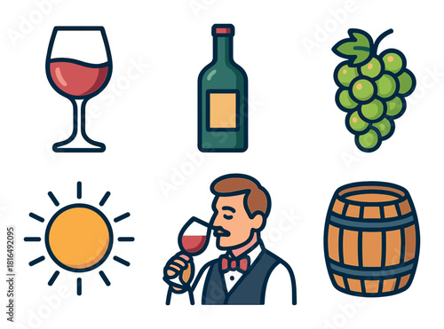 Wine tasting icons set with sommelier, glass, bottle, grapes, barrel, sun