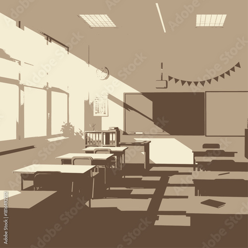 An empty classroom bathed in warm sunlight, casting long shadows across the desks and floor, evoking a sense of quiet solitude.