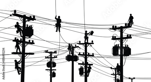 Silhouette of power line workers repairing high voltage cables on utility poles against white background industrial infrastructure maintenance concept safety